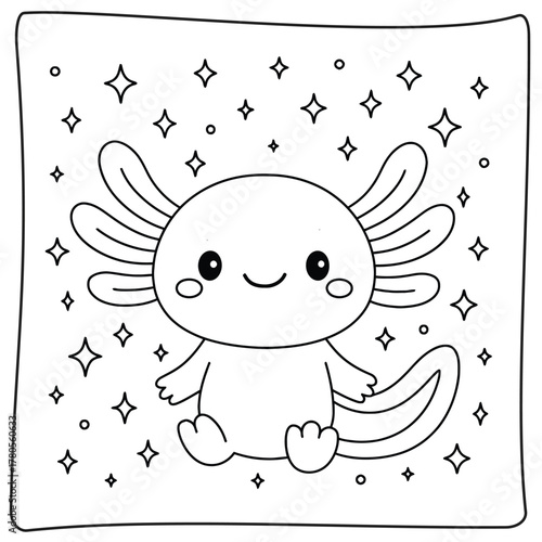 A cute axolotl coloring page with stars and circles in a square border illustration