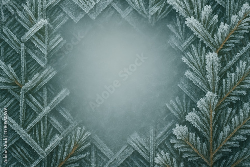 Frosty patterns on glass with a natural frame of icy branches in the early morning light