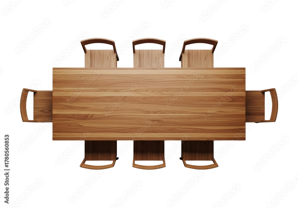 Fototapeta premium Aerial view of a wooden dining table with six chairs isolated on transparent background, minimalist design. Top down view of a modern wooden dining table with chairs showing elegant wood grain texture
