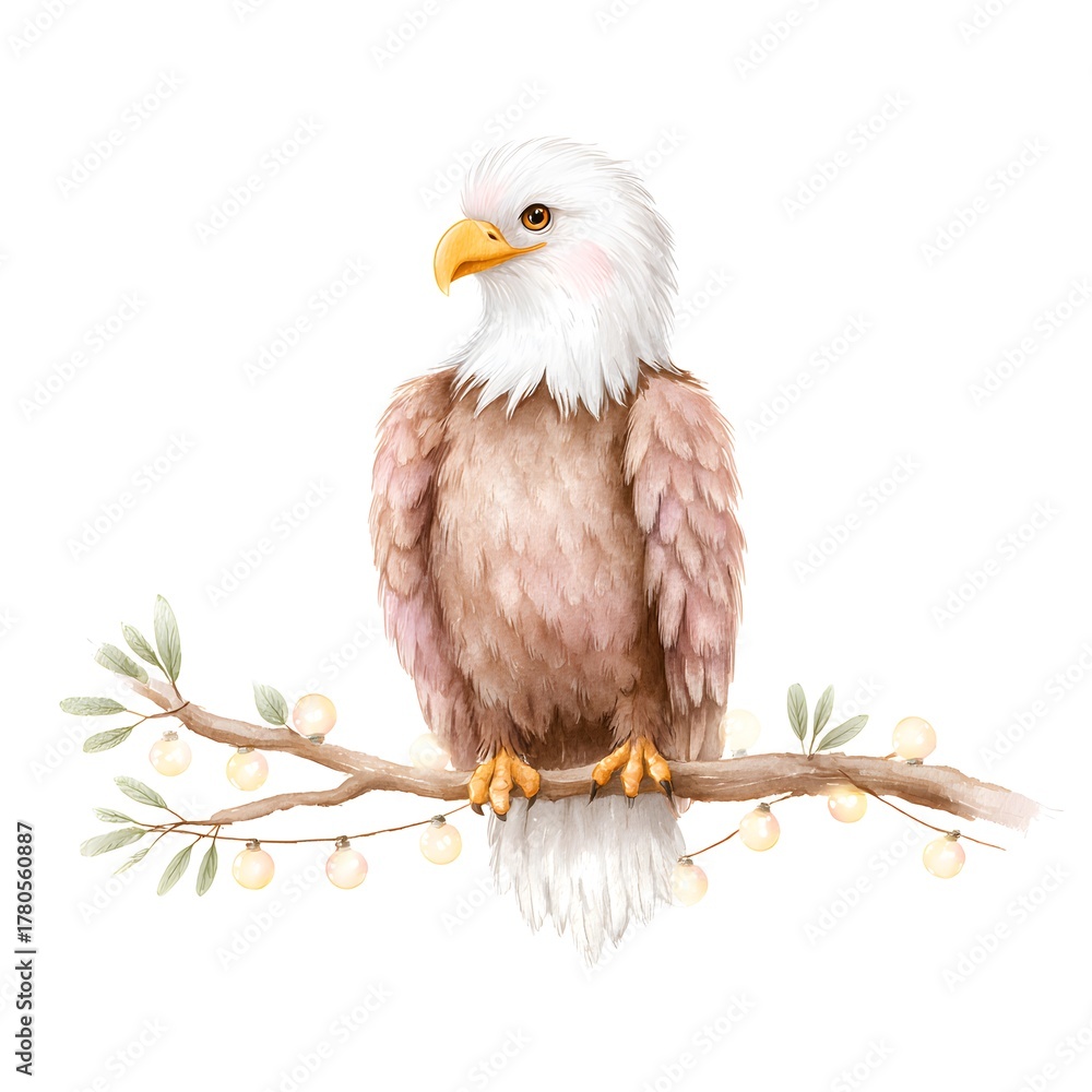 Obraz premium Watercolor illustration of a bald eagle sitting on a branch with soft pastel feathers and glowing holiday lights, isolated on white