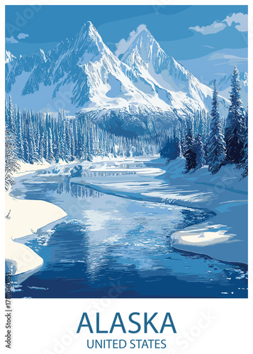 A stunning vector illustration of an Alaskan winter landscape featuring towering snow-covered mountains, a partially frozen river winding through a dense pine forest.
