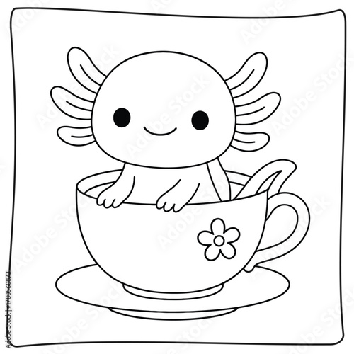 Cute axolotl in a teacup coloring page with flower design and simple line drawing style