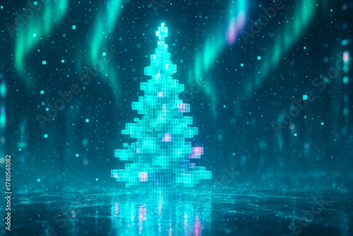Digital Christmas tree with glowing pixels set against a starry night sky