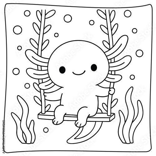 A cute axolotl sitting on a swing surrounded by seaweed in a black and white drawing