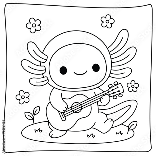 Coloring page of a cute axolotl playing the guitar surrounded by flowers on a white background