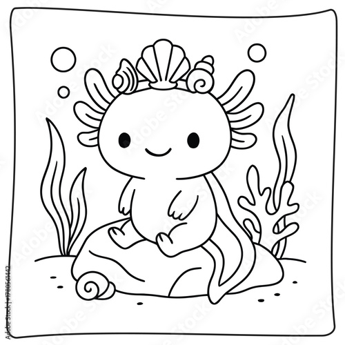 A cute axolotl with seashell crown sitting on a rock in an underwater coloring page art