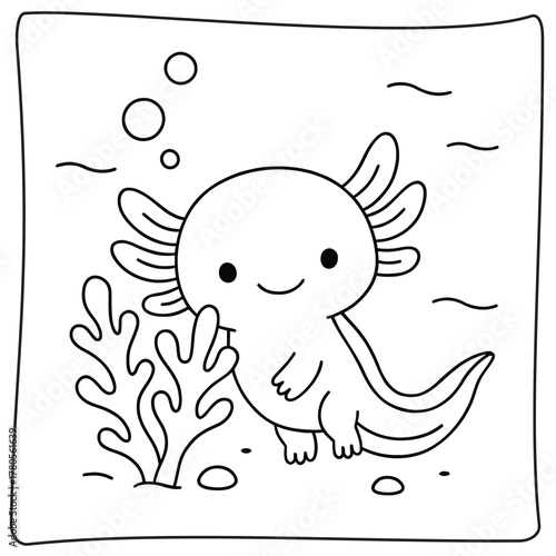 A cute axolotl with gills and a smile in a black and white outline drawing in the water