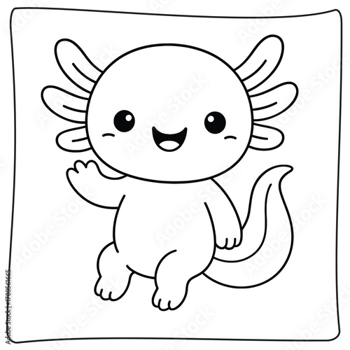 Outlined cartoon axolotl waving with a smile in a square frame coloring book illustration
