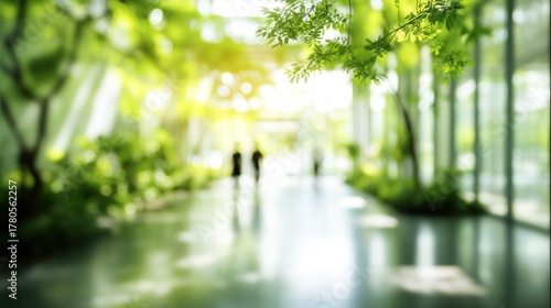Blurred view of people walking in modern building day
