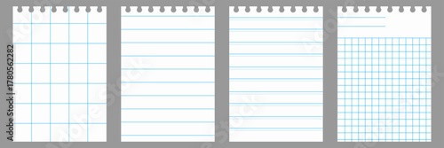  Blank pages of school notebook vector . Lined , checkered , math sheets of white paper. paper grid square graph line texture of note book blank.