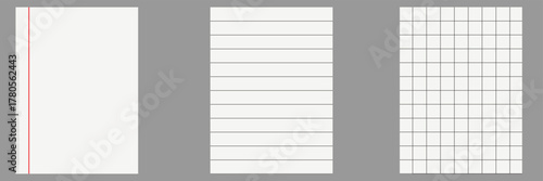  Blank pages of school notebook vector . Lined , checkered , math sheets of white paper. paper grid square graph line texture of note book blank.