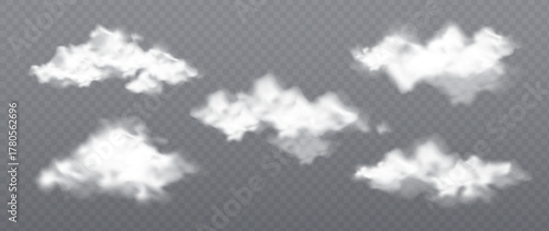 Puffy white clouds set isolated on transparent background. Vector realistic illustration of cloudy sky design elements, fluffy cloudscape, light fog texture, rainy weather forecast, dreamy skyline