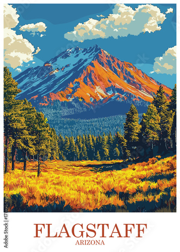 Colorful vector illustration of the mountainous landscape near Flagstaff, Arizona, showing a snow-capped peak towering above a vibrant golden field and dense pine forest.