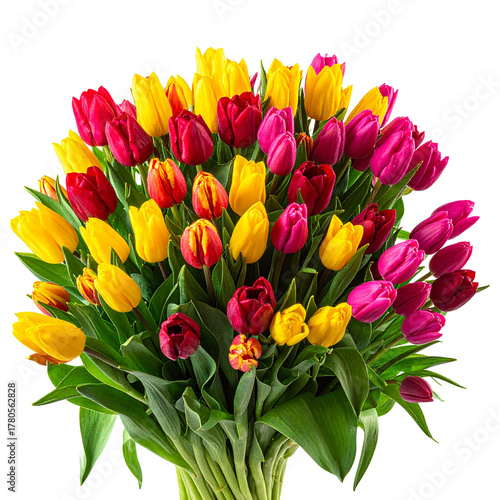 Vibrant Tulip Bouquet: An abundance of colorful tulips bursts forth, their radiant hues creating a captivating visual spectacle, symbolizing spring's arrival and the joy of nature.