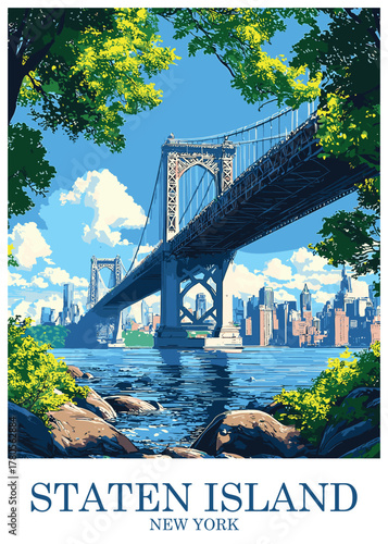 Vintage vector illustration of Staten Island, New York, featuring a suspension bridge view towards the Manhattan city skyline.