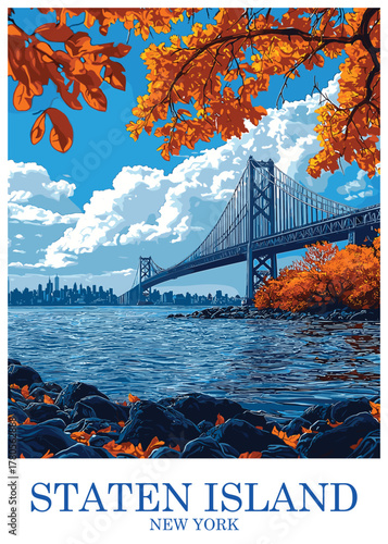 Expansive vintage travel poster vector illustration of the Verrazzano-Narrows Bridge near Staten Island, New York, overlooking the bay and Manhattan skyline.