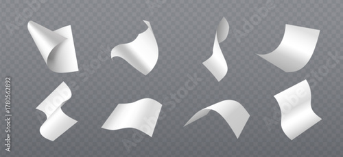 White 3d paper sheets in fall motion on transparent background - flying pages with curved edges and realistic shadows. Blank document mockup collection in dynamic air movement for office design.