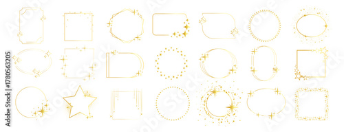 Modern minimalist aesthetic frames and line elements, thin star circles and arch shapes, elegant sparkle accents for celestial and luxury design projects on transparent background