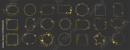 Luxury gold sparkle frame border with stars elegant decorative element on transparent background