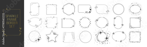 Modern minimalist aesthetic frames and line elements, thin star circles and arch shapes, elegant sparkle accents for celestial and luxury design projects on transparent background