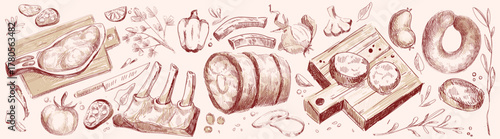 Fresh raw meat products on white background. Vector illustration of pork ribs, beef steak, sausages, vegetables and seasoning on wooden board, butchery shop products, restaurant menu, sketch art