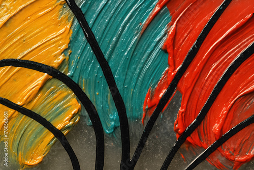 Vivid colors and bold brush strokes create an abstract art piece full of energy and creativity in a vibrant studio setting