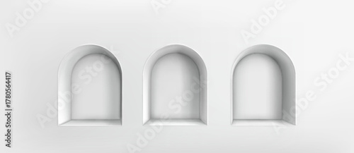 White 3d niche shelf set with arched frame openings in empty wall background. Three architectural holes or alcoves - minimalist room interior elements for product placement, exhibition display mockup