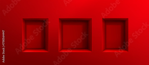 Red 3d niche shelf boxes with empty square frame hole in wall background. Three architectural room alcoves for exhibition display. Interior design and modern product presentation or promotional mockup
