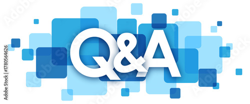 Q&A white typography banner with blue squares on transparent background © Web Buttons Inc