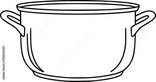 vector illustration of a metal pot with two handles, simple, clean line art, monochrome