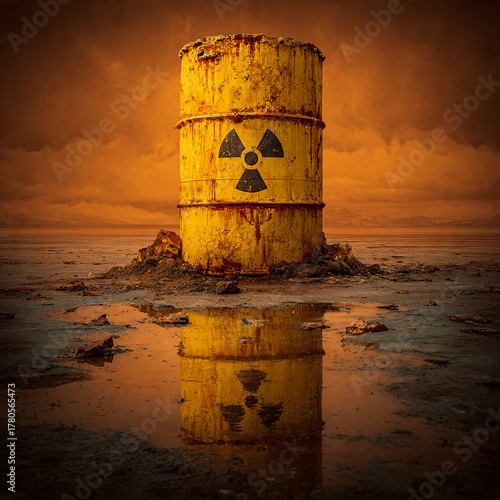 Hazardous nuclear waste, rusty barrel with nuclear waste, radioactive danger, pollution in nature