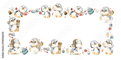 Cute Penguins Winter Fun Sports Frame. Watercolor hand drawn illustration isolated on white background for Valentine