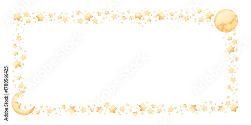 Cute golden moon crescent stars frame. Watercolor hand drawn illustration isolated on white background for card label