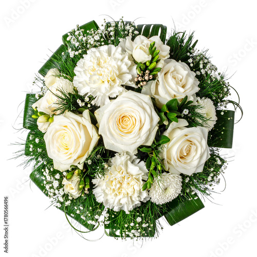 Floral Symphony: A captivating bouquet of pristine white roses and carnations, artfully arranged with lush greenery and delicate accents. A timeless symbol of elegance and purity.