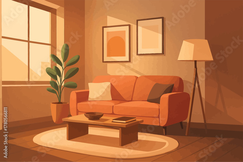 Cozy living room interior with sofa, coffee table, and plant near window
