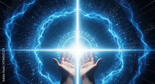 Hands reaching upwards towards a brilliant blue cosmic energy burst creating a powerful portal