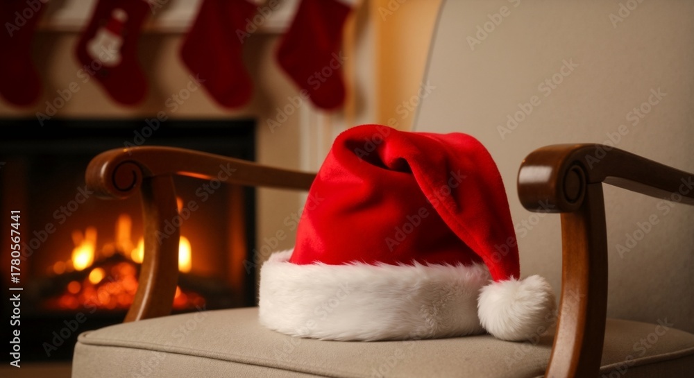 Obraz premium Red Santa hat on an armchair with a warm fireplace in the background. Cozy Christmas and New Year holiday decorations