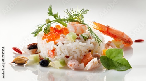 Gourmet seafood rice dish with shrimp, salmon roe, and fresh herbs elegantly plated on white with artistic presentation and colorful garnishes
