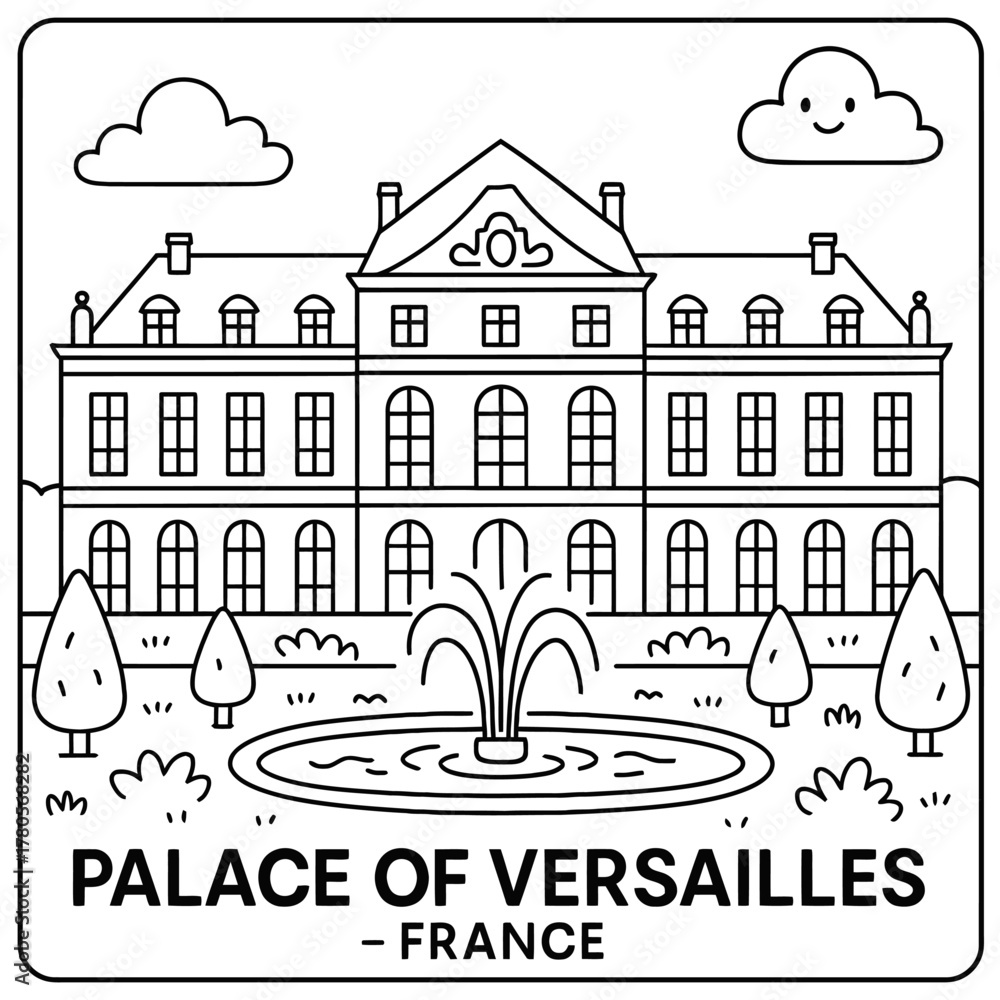 Fototapeta premium Illustration of palace of versailles with fountain, trees, and clouds in black and white