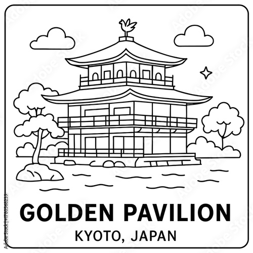 Illustration of the golden pavilion in kyoto japan with clouds and water in black and white