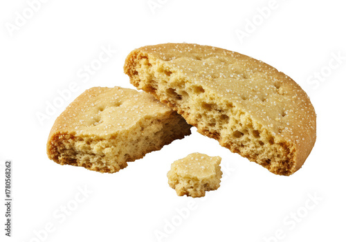Ultra-macro shot of dynamic dispersed shortbread cookie crumbs and fragments, revealing rich buttery interior and golden-brown edges on a transparent background, intricate food texture study