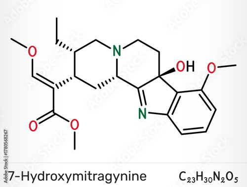 7-Hydroxymitragynine indole alkaloid from kratom. Chemical structure. Vector illustration