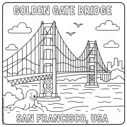 Coloring page of golden gate bridge in san francisco with a seal and birds outline