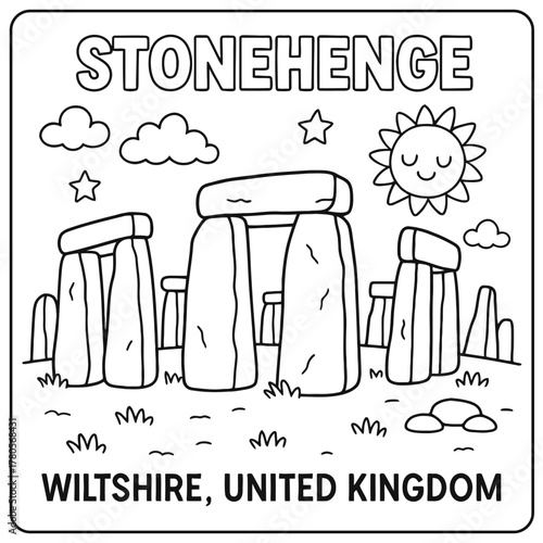 Stonehenge in wiltshire united kingdom coloring page with sun clouds and stars