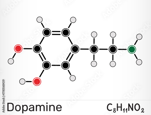 Dopamine molecule. Catecholamine neurotransmitter and brain reward chemical. Vector illustration