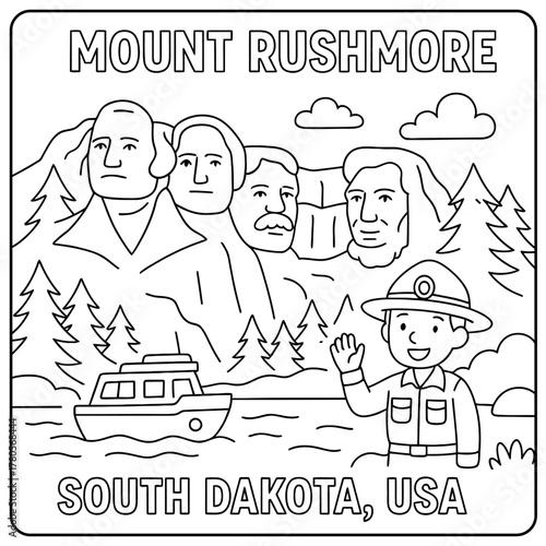 Mount rushmore coloring page with boat, trees, clouds, and a park ranger waving hand