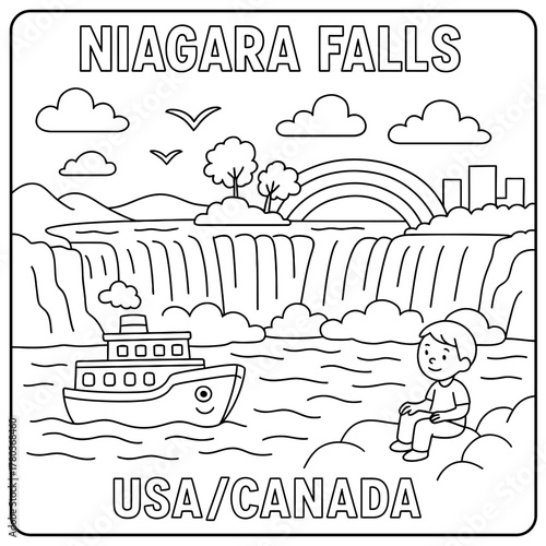 Black and white niagara falls coloring page with boat, rainbow, and sitting child outline