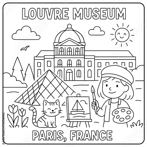 Coloring page of louvre museum in paris france with artist cat and painting scene