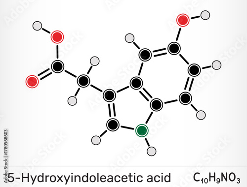 5-Hydroxyindoleacetic acid, 5-HIAA molecule C10H9NO3. Serotonin metabolite and biomarker. Vector illustration