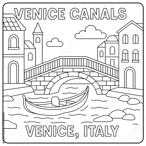 Coloring page of venice canals with a gondola under a bridge and buildings around it